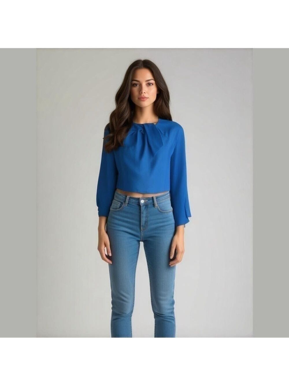 ZARA electric blue front crossover cropped blouse long sleeve keyhole size XS